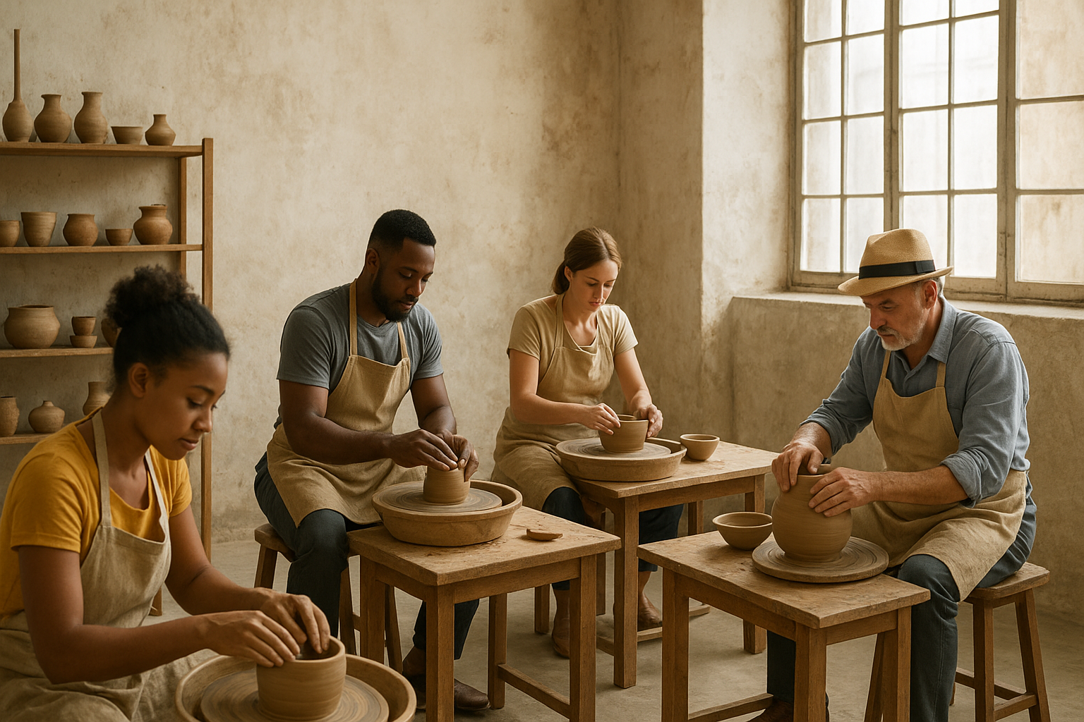 Designing High-End Events with Authentic Craft Experiences – Intro – guests participating in pottery making workshop, realistic editorial st