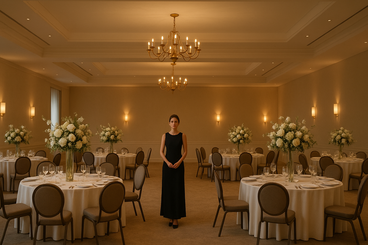 The Evolution of Event Luxury: From Decoration to Experience – Intro – Elegant event hall with warm ambient lighting and minimalist floral d