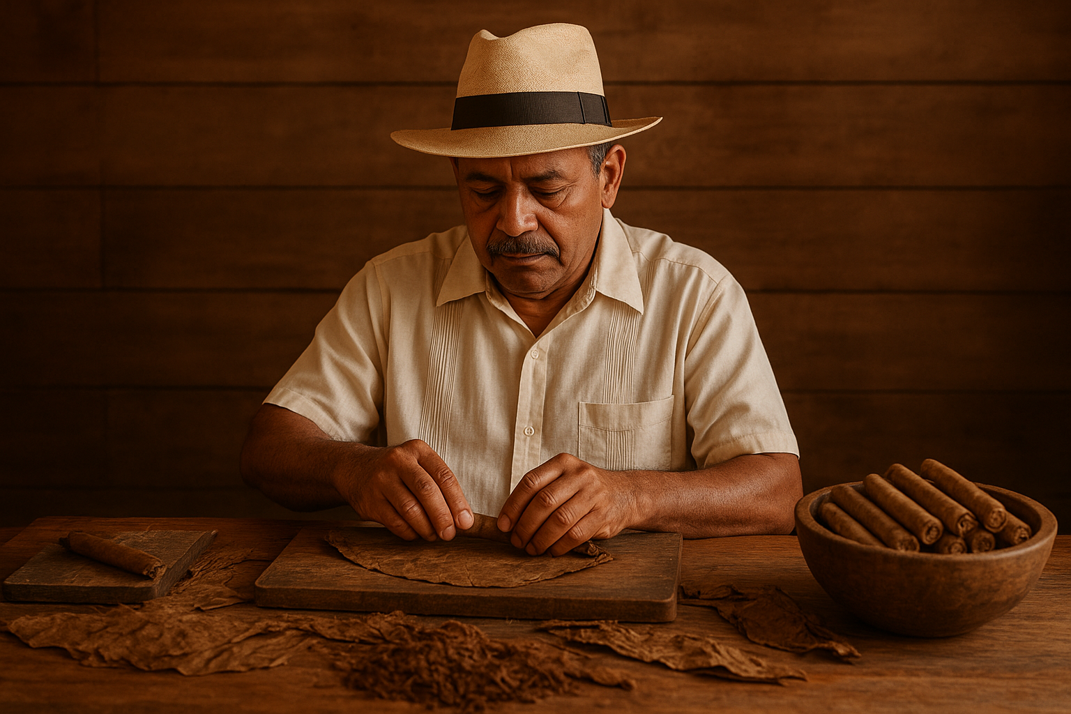 What Event Planners Should Know Before Hiring a Cigar Roller – Intro – close-up of a skilled artisan hand-rolling a cigar in a warm, wood-to